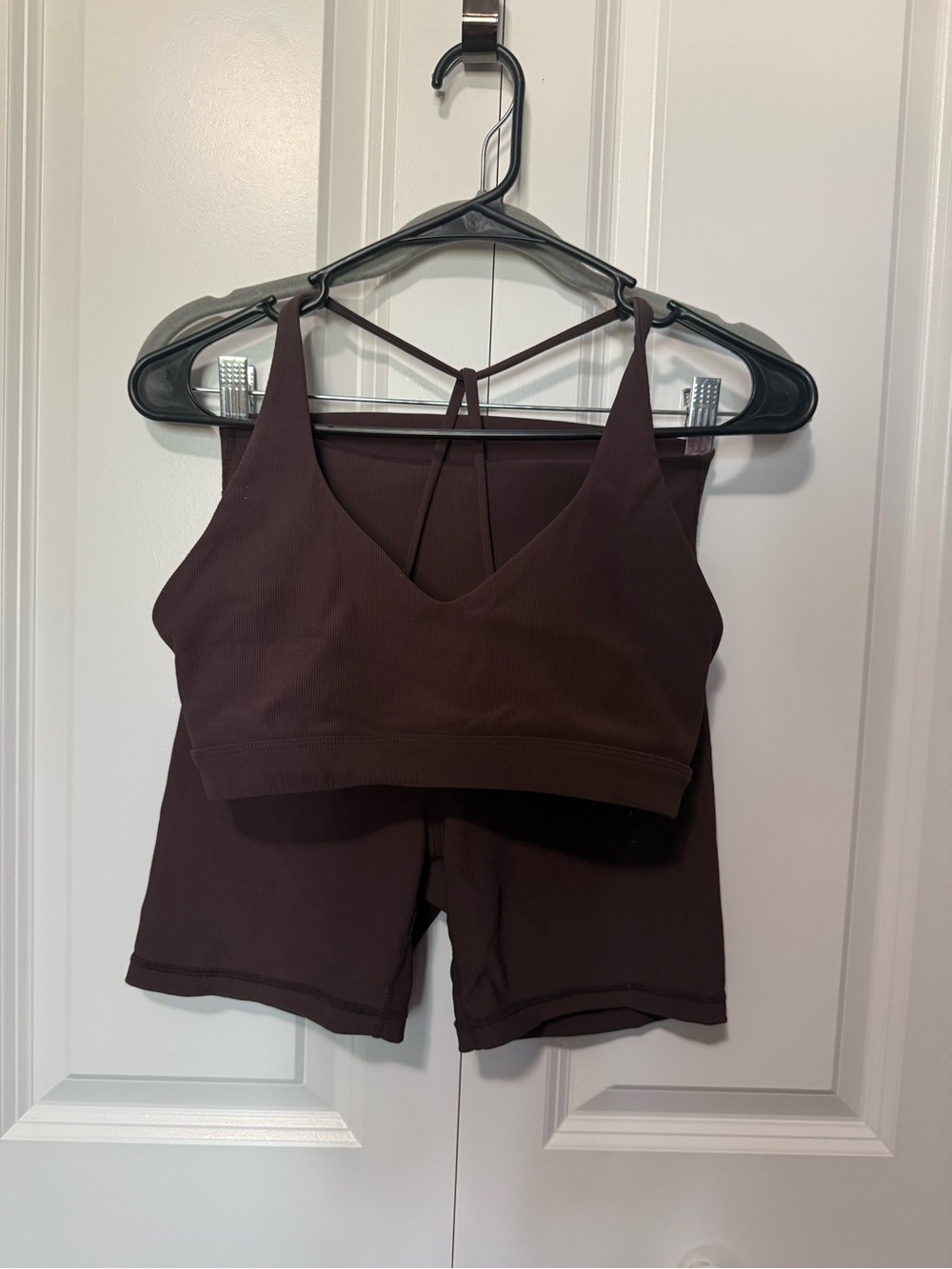 Wilo - Seamless Strappy Top & High-Rise Shorts Set - Deep Brown - size small - Picture 1 of 5